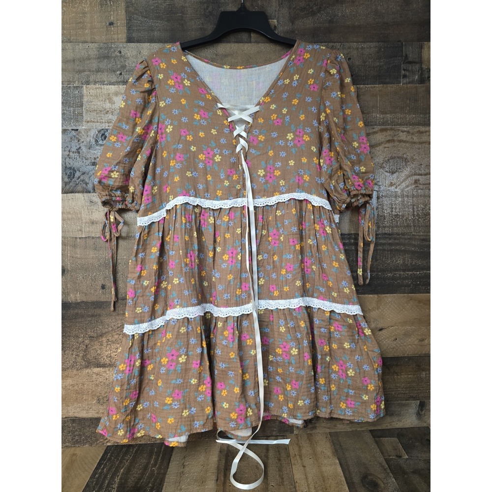 West Fade Tiered Baby Doll Crochet Floral Dress Cotton Cottage Praire Medium NWT
